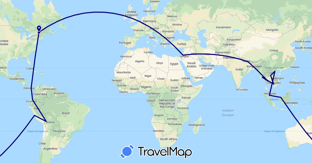 TravelMap itinerary: driving in Bolivia, Canada, Ecuador, Jordan, Cambodia, Laos, Myanmar (Burma), Malaysia, Nepal, Panama, Peru, Thailand, Vietnam (Asia, North America, South America)